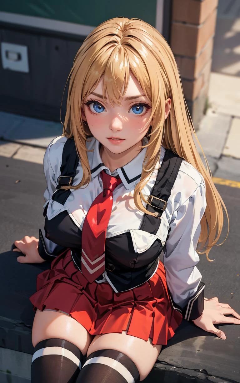 ((masterpiece, best quality)), insaneres, absurdres, solo, outdoors,
CLOTHING_BibleBlack_SchoolDress_ownwaifu,
1girl, blonde hair, long hair, blue eyes,
black vest, red skirt, white shirt, collared shirt, suspenders, school uniform, black thighhighs, zettai ryouiki, necktie, long sleeves, pleated skirt, red necktie,
(from above, sitting)<lora:CLOTHING_BibleBlack_SchoolDress_ownwaifu:0.9>,
lens flare, depth of field, bokeh, embers, vanishing point, looking at viewer,