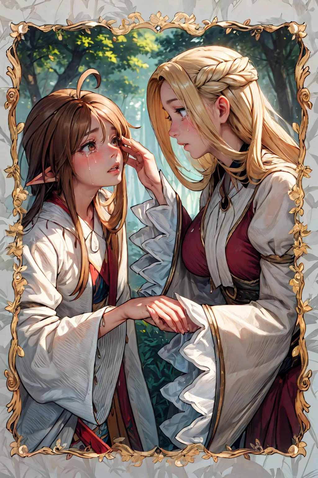 (masterpiece:1.1), top quality, best quality, anime style, best quality, ultra detailed, 8k, RAW photograph, realistic, extremely detailed cg, absurdres, cinematic lighting,
2girls, bishoujo, long hair, peasant dress, standing, from behind, trees,
kinpatsu, commoner, peasant, shoumin,
<lora:more_details:0.5>, crying elf with brown hair, blonde woman, picture frame,