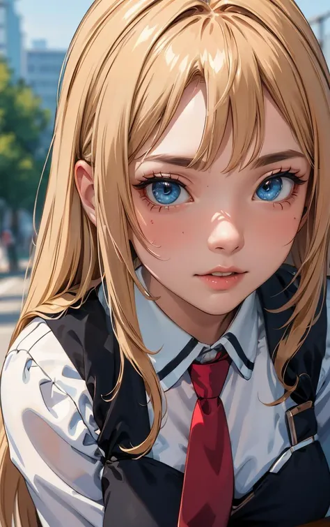 ((masterpiece, best quality)), insaneres, absurdres, solo, outdoors,
CLOTHING_BibleBlack_SchoolDress_ownwaifu, 
1girl, blonde hair,  long hair, blue eyes, 
black vest, red skirt, white shirt, collared shirt, suspenders, school uniform, black thighhighs, zettai ryouiki, necktie, long sleeves, pleated skirt, red necktie, 
(portrait, close-up)<lora:CLOTHING_BibleBlack_SchoolDress_ownwaifu:0.8>,
lens flare, depth of field, bokeh, embers, vanishing point, looking at viewer,