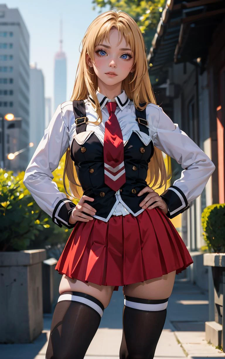 ((masterpiece, best quality)), insaneres, absurdres, solo, outdoors,
CLOTHING_BibleBlack_SchoolDress_ownwaifu,
1girl, blonde hair, long hair, blue eyes,
black vest, red skirt, white shirt, collared shirt, suspenders, school uniform, black thighhighs, zettai ryouiki, necktie, long sleeves, pleated skirt, red necktie,
(contrapposto, hand on hip)<lora:CLOTHING_BibleBlack_SchoolDress_ownwaifu:1>,
lens flare, depth of field, bokeh, embers, vanishing point, looking at viewer,