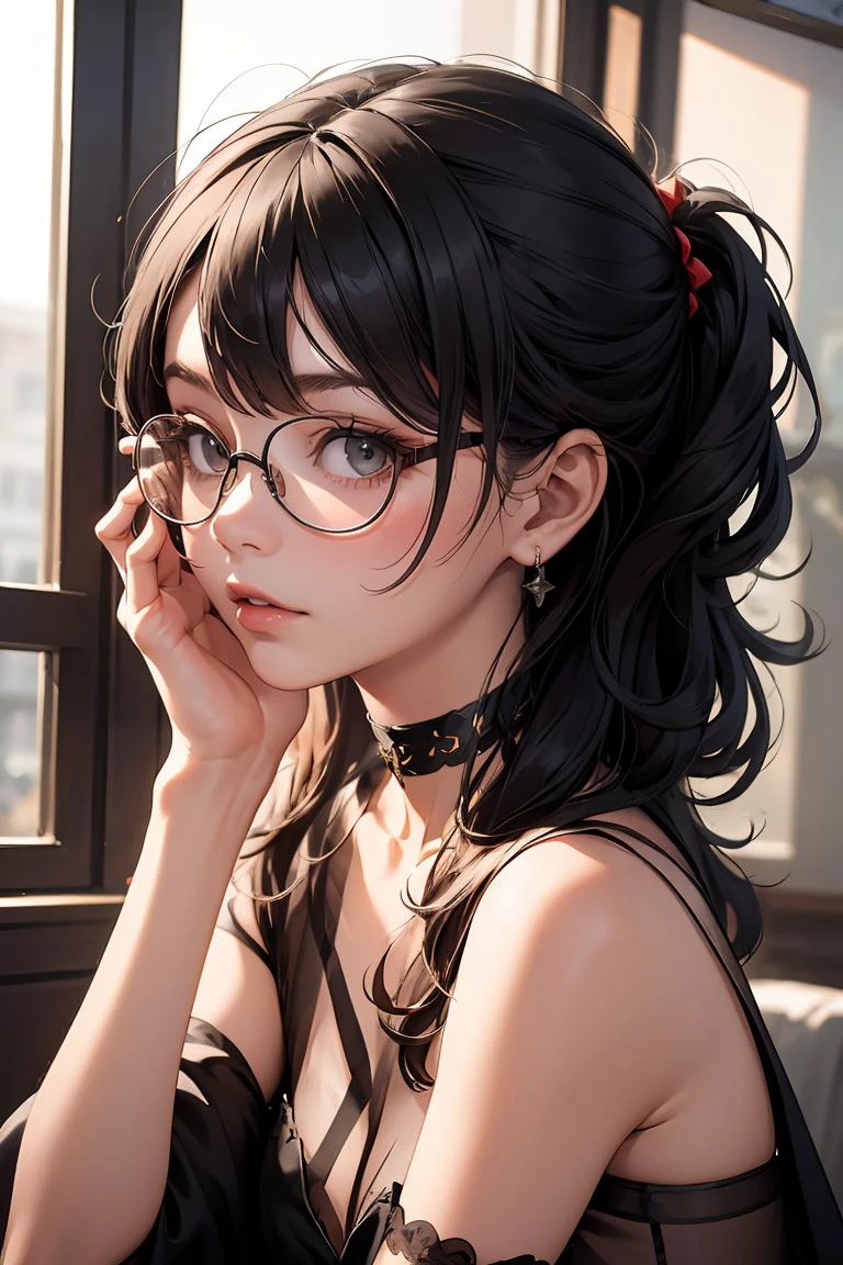 (masterpiece, best quality), 1girl, messy hair, choker, black silk pajamas, see-through, glasses,