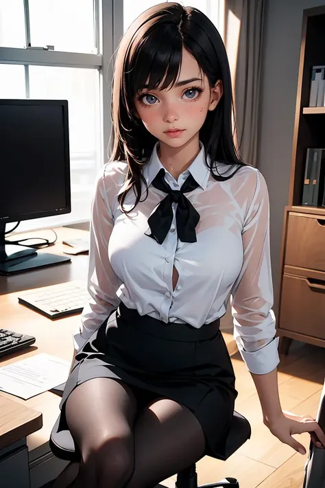 (masterpiece, best quality), a young black haired girl office secretary dressed in a transparent white blouse and black office skirt and black pantyhose ,sitting in an office chair, holding pencil, (detailed skin:1.3),(detailed eyes), (sharp focus),