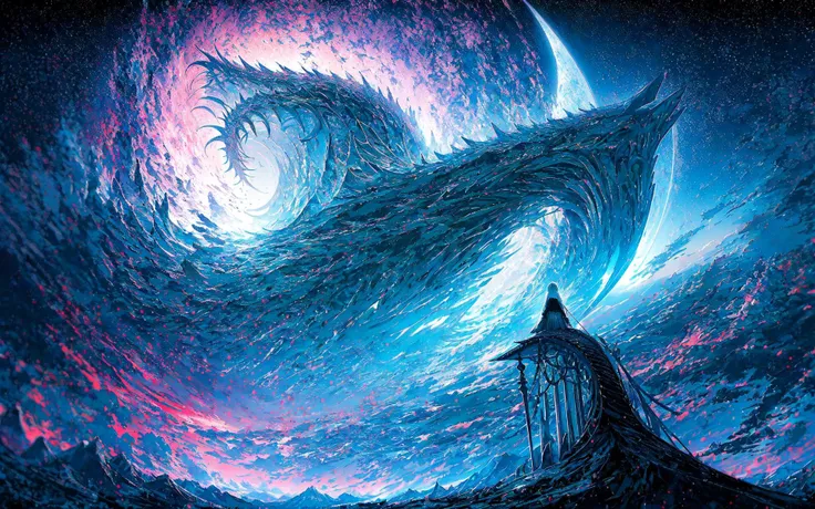 stchcs style, cosmicangel, (vivid colors), RAW, (highly detailed:1.2), (highly detailed background:1.2), reflections, refractions, professional (realistic:1.3) photo, 1girl, woman looking at a dragon on top of a detailed mountain, (clouds:0.2), (raining:0.6), apocalypse, metors falling from the detailed starry sky, by PeterMohrBacher