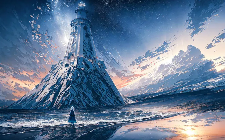 stchcs style, cosmicangel, (vivid colors), RAW, (highly detailed:1.2), (highly detailed background:1.2), reflections, refractions, professional (realistic:1.3) photo, 1girl, woman on a beach looking at a lighthouse on an island, (clouds:0.1), (huge tidal waves:0.6), apocalypse, by PeterMohrBacher