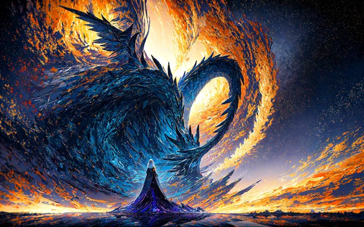 stchcs style, cosmicangel, (vivid colors), RAW, (highly detailed:1.2), (highly detailed background:1.2), reflections, refractions, professional (realistic:1.3) photo, 1girl, woman looking at a dragon on a detailed mountain, (clouds:0.2), (raining:0.6), apocalypse, meteors falling from the detailed starry sky, by PeterMohrBacher