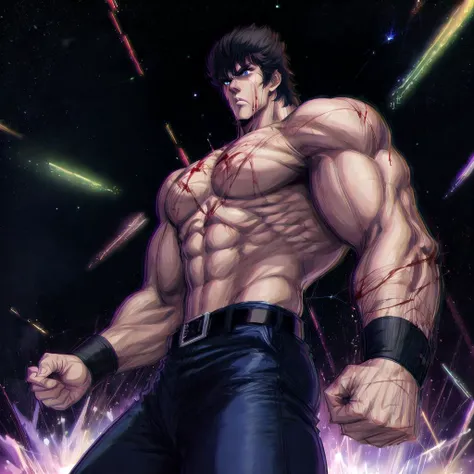 absurdres, highres, ultra detailed, anime keyvisual, HNKstyle, cowboy shot, nightsky, (Big Dipper), constellation, wide shot, solo, from side, 1990s \(style\),
kenshiro, hokuto no ken, topless male, muscular, aura, belt, motion blur, motion lines, fighting stance, incoming attack, multiple fists, hokuto hyakuretsu ken, rapid punches, veins, blood, injury, raised hair, punching, raised fist, multiple raised fists, clenched hands,
serious, looking away, perfect hands, afterimage, concentrating, armpits, fighting,
<lora:HNKstyle-000001:0.7> <lora:nonipples_v10:1.5><lora:flat:-1><lora:flatBG:1> <lora:LECO_LessMuscularity:-1><lyco:envybetterhandsLocon_beta2:1> <lora:chromatic_aberration_narrow_v10:1> <lora:blue_theme_v10:0.7> <lora:fineline-v2:1>