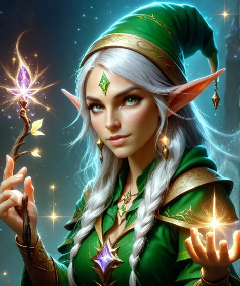 A woman with long white hair and green dress holding a wand - SeaArt AI