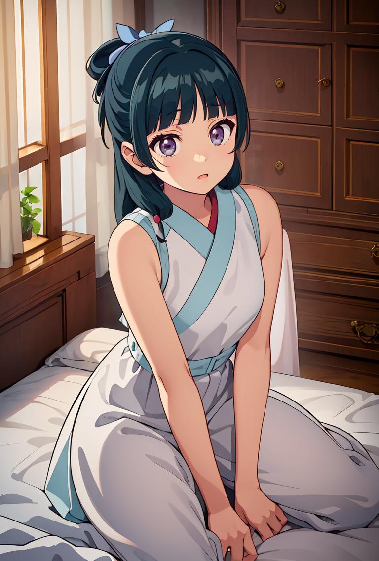 Anime girl sitting on a bed with a white dress on - SeaArt AI