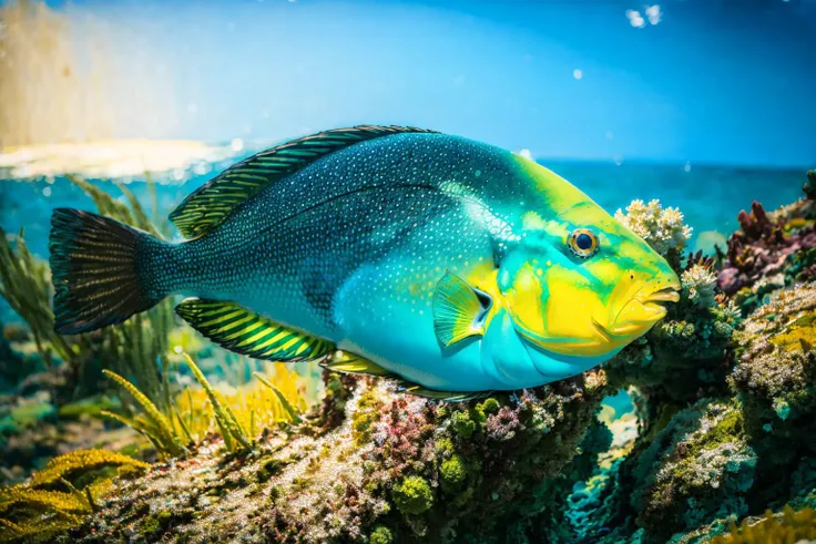 (masterpiece, best quality:1.2), ultra-detailed, ocean Green and yellow EdobFish, (realistic:1.5), <lora:EdobFish_v1.0:1>