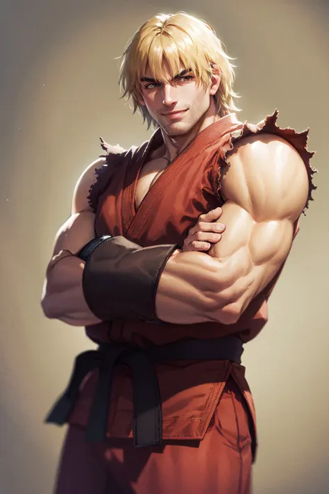 (masterpiece, best quality:1.2), <lora:streetfighter_ken-11:1>, cowboy shot, solo, male focus, 1boy, ken masters, muscular male, smile, crossed arms, red dougi, pants, fingerless gloves