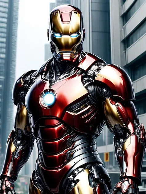 ral-chrome, marvel iron man, heavy armor suit, looking at viewer, in front of huge cyberpunk building <lora:ral-chrome-sdxl:1>