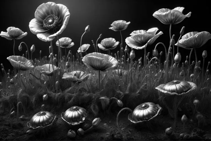 concept art, Poppies, Fallacious, Fine art, Evil, Knightcore, F/8, Dichromatic, <lora:ral-chrome:1> ral-chrome