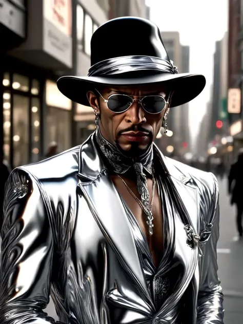 ral-chrome, a pimp outfit, with a cane, walking down the (streets full of woman with sexy outfits:1.5) <lora:ral-chrome-sdxl:1>
