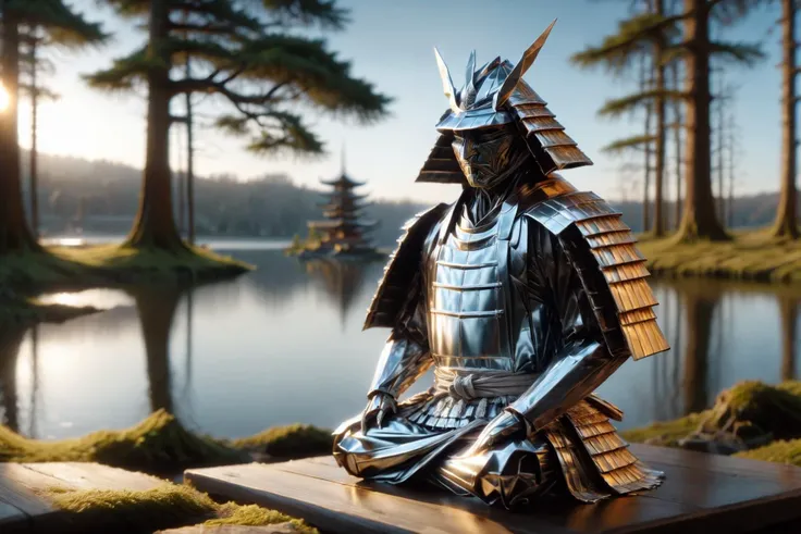 one origami samurai made of (reflective metal:1.3) standing by a lake made of molten metal, <lora:ral-chrome:1> (ral-chrome:1.4) <lora:ral-orgmi:0.8> ral-orgmi, (masterpiece:1.2), best quality, (hyperdetailed, highest detailed:1.2), high resolution textures, (masterpiece:1.2), best quality, (hyperdetailed, highest detailed:1.2), high resolution textures <lora:add-detail-xl:2> misc, Shoulder forward pose
