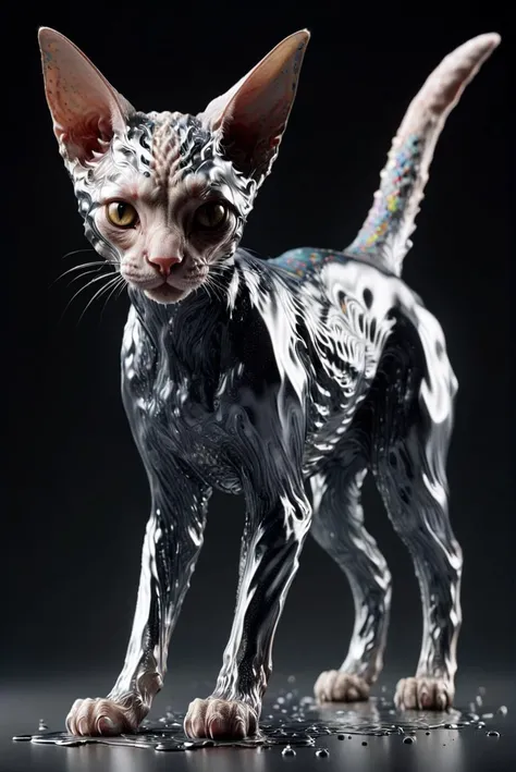 Color splash, fauna, full shot of a (Devon Rex Cat:1.2) , Sharp and in focus, Illustration, Kinetic Pointillism, stylized, [art by L. S. Lowry: Zhang Kechun:7], <lora:ral-chrome:1> ral-chrome