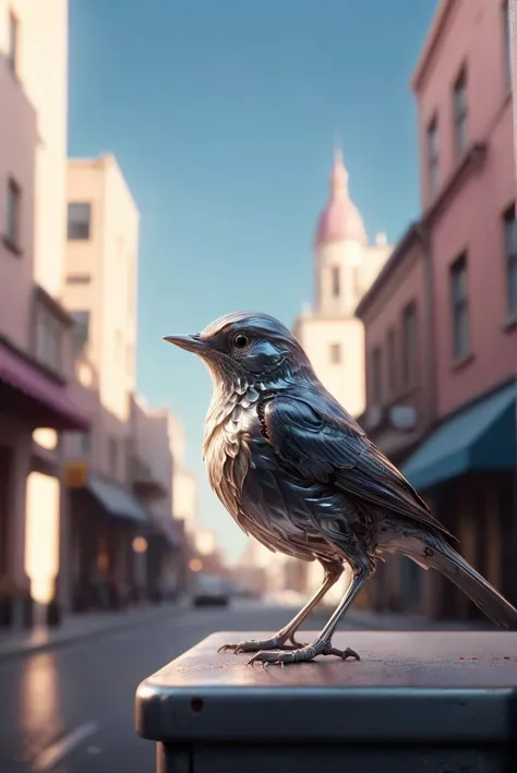 concept art, Street level shot of a Nightingale, soft focus, Romantic, Vaporwave Art, Warm lighting, blue sky, <lora:ral-chrome:1> ral-chrome