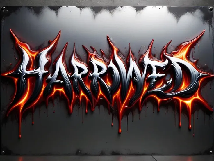 "HARROWED" text logo <lora:Harrlogos_v2.0:0.69> calligraphy, thick lines, metal backdrop <lora:ral-lava-sdxl:0.69> ral-lava <lora:ral-chrome-sdxl:0.69> ral-chrome