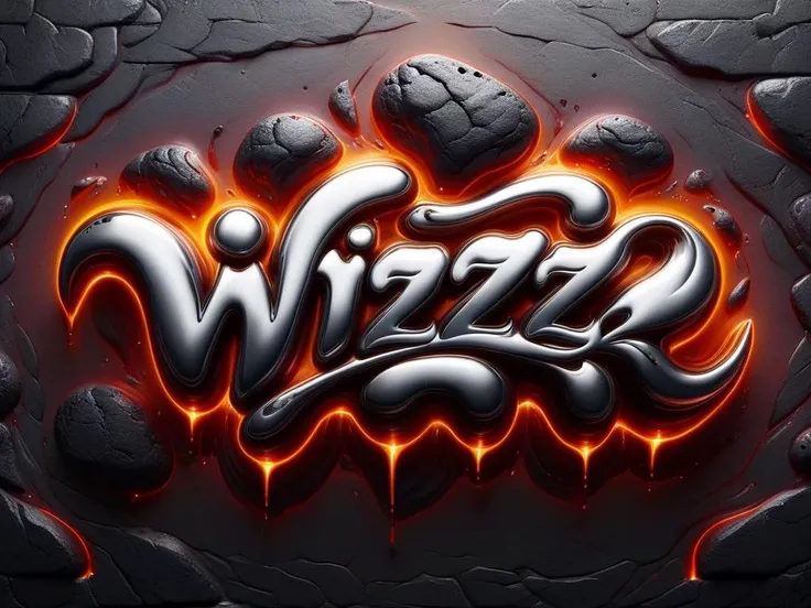 "WIZZ" text logo <lora:Harrlogos_v2.0:0.75> calligraphy, thick lines, stone backdrop <lora:ral-lava-sdxl:0.65> ral-lava <lora:ral-chrome-sdxl:0.65> ral-chrome