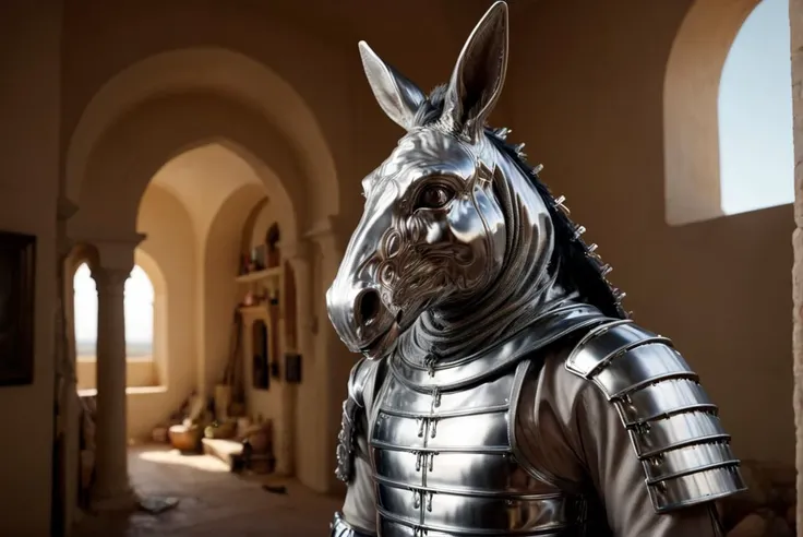 concept art, Donkey with Nickel costume, from inside a Malta, Panorama, Frightening, Decora, Depth of field 100mm, <lora:ral-chrome:1> ral-chrome