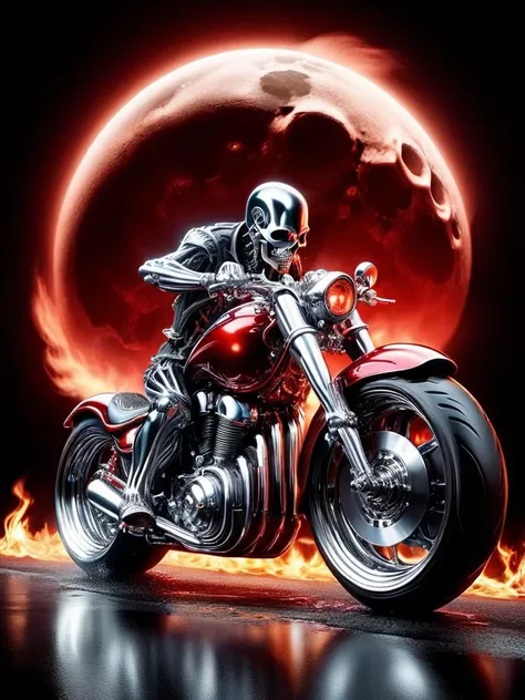 Chopper motorcycle painted black with red flames and a skull on the gas tank