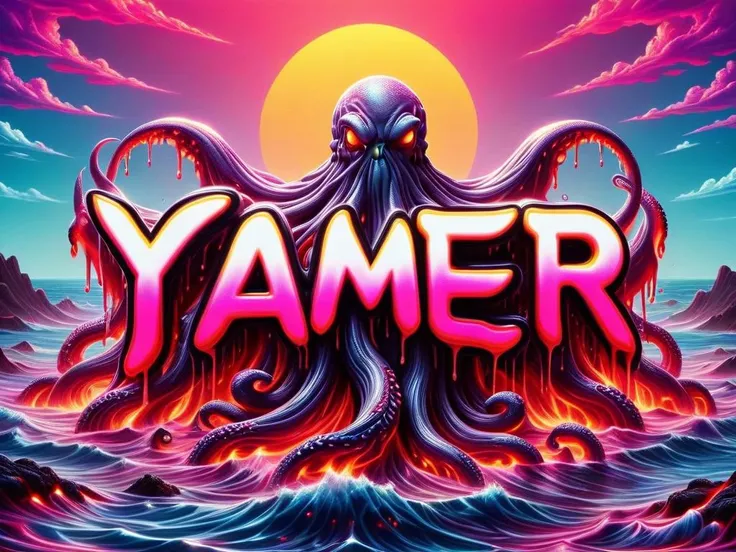"YAMER" text logo <lora:Harrlogos_v2.0:0.75> calligraphy, thick lines, vaporwave backdrop, synthwave lava, octupus <lora:ral-lava-sdxl:0.6> ral-lava <lora:ral-chrome-sdxl:0.6> ral-chrome