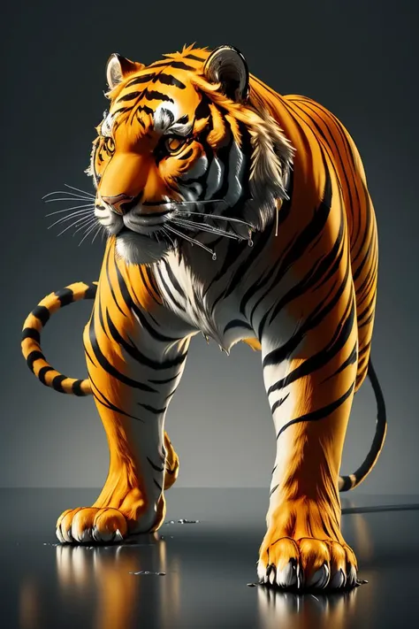 masterpiece, best quality, original, official art,ral-chrome, tiger, 3d render, neon orange tiger stripes <lora:ral-chrome-sd15:1>