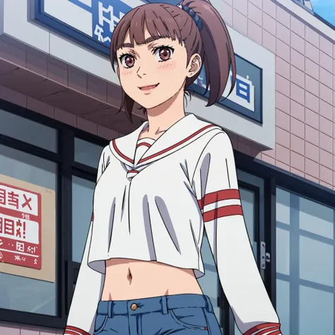 <lora:NozomiKitahara001:0.7>,solo,looking at viewer,smile,
NozomiKitahar,1girl,
sailor_shirt,white shirt,long sleeves,
midriff,
denim shorts,