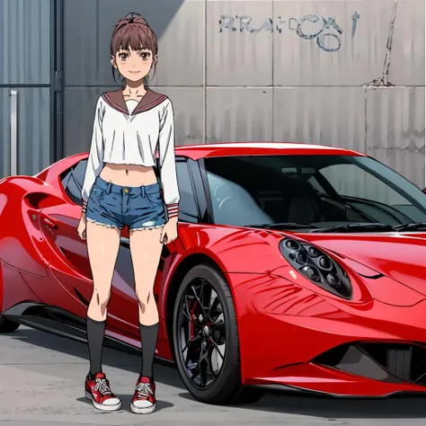 <lora:NozomiKitahara001:0.7>,looking at viewer,smile,
NozomiKitahar,1girl,
sailor_shirt,white shirt,long sleeves,
midriff,
denim shorts,
socks,sneakers,
alfa_romeo,sports_car,