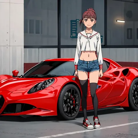<lora:NozomiKitahara001:0.7>,looking at viewer,smile,
NozomiKitahar,1girl,
sailor_shirt,white shirt,long sleeves,
midriff,
denim shorts,
socks,sneakers,
alfa_romeo,sports_car,