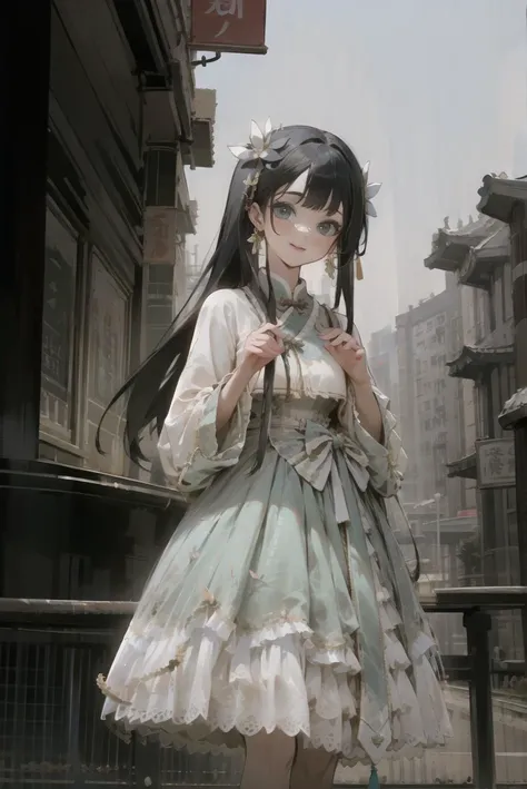 masterpiece, best quality, 1girl, solo, cute, smile, looking at viewer, long black hair, cowboy shot, cns_dress, pettiskirt, standing, (china town:1.1), beautiful sky, netural lighting,<lora:cns_dress_style2_v2:0.7>