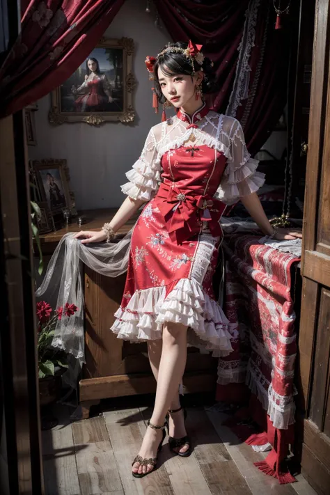(realistic:1.3), finely detailed, quality, rembrandt lighting, (masterpiece:1.2), (photorealistic:1.2), (best quality), (detailed skin:1.3), (intricate details), dramatic, ray tracing, 1girl, chinese girl, 21 years old, detailed skin texture, (blush:0.5), (goosebumps:0.5), subsurface scattering, smiling, medium breasts, very long hair curls, bangs, hair between eyes, hair ornaments, cnsdress, long dress, frilled dress, puffy sleeves, see-through, lace, frills, ribbons, bows, tassels, full body, (bright sunny day, indoors, classical chinese architecture, chinese antique decorations), <lora:cns_dress_style4_v1:0.7>