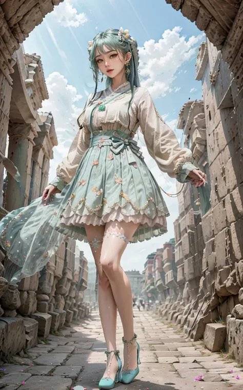 nikon RAW photo,8k,Fujifilm XT3,masterpiece,best quality,realistic,photorealistic,ultra detailed,extremely detailed face,cinematic lighting,ancient,palace, gril,1girl,solo,full body, earrings, edium breasts, dynamic pose,happy,Surrounded by flowers,(flower:1.2), petals, Rich details,high heels, smile, closed mouth,
green long double bun,
turquoise CNS_DRESS,
<lora:betterCuteAsian:0.7> <lora:cns_dress_style2_v3:0.7>