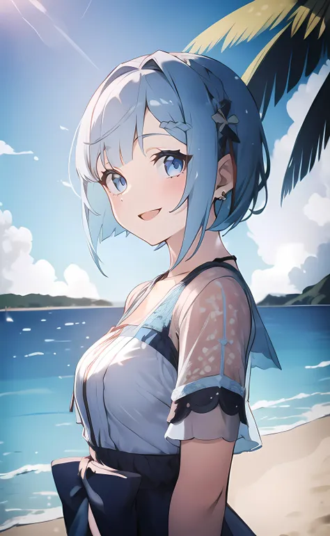 1girl, upper body, standing, short hair, blue hair, blue eyes, cnsdress, short sleeves, see-through sleeves, open mouth, smile, outdoors, beach, blue sky, sunlight <lora:cns_dress_style4_v1:0.6>