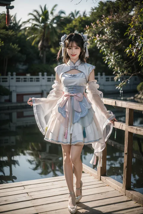 best quality, masterpiece, realistic, photorealistic, 1girl, solo, looking at viewer, smile, long black hair, bangs, standing, arms at side, full body, cyb dress, chinese clothes, detached collar, clothing cutout, wide sleeves, see-through sleeves, tassel, high heels, chinese garden, tree, water, <lora:cn_style_attire_vol2_style8_v2:0.7>