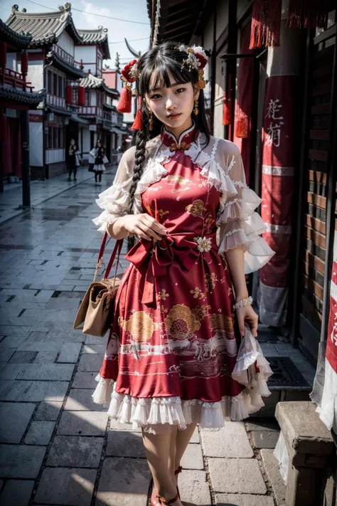 (realistic:1.3), finely detailed, quality, rembrandt lighting, (masterpiece:1.2), (photorealistic:1.2), (best quality), (detailed skin:1.3), (intricate details), dramatic, ray tracing, 1girl, chinese girl, 21 years old, detailed skin texture, (blush:0.5), (goosebumps:0.5), subsurface scattering, smiling, medium breasts, long braided hair, hair across shoulder, bangs, hair between eyes, hair ornaments, cnsdress, long dress, frilled dress, see-through, lace, frills, ribbons, bows, tassels, full body, (bright sunny day, outdoors, classical chinese architecture, ancient chinese town), <lora:cns_dress_style4_v1:0.7>