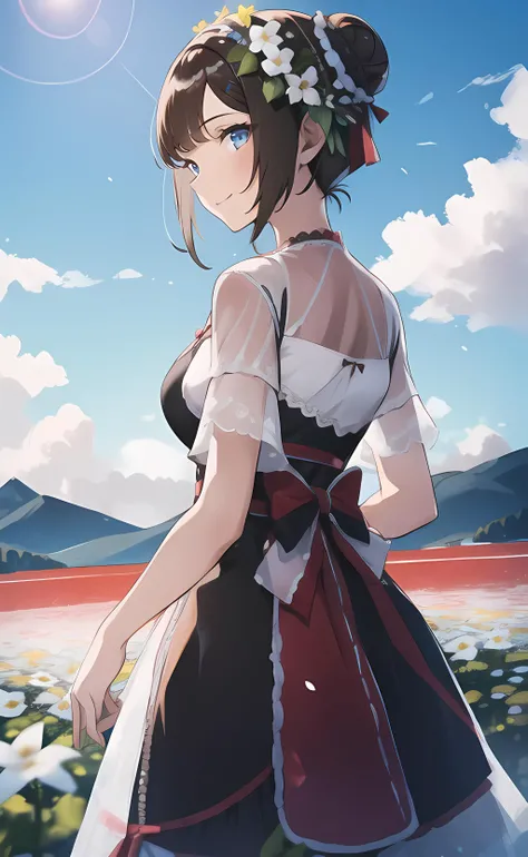 1girl, from behind, looking back, close up, very short hair, single hair bun, brown hair, blue eyes, cnsdress, (short sleeves:1.3), see-through sleeves, nape, open mouth, smile, nature, flower field, mountain, blue sky, sunlight <lora:cns_dress_style4_v1:0.6>