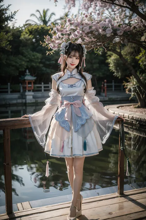 best quality, masterpiece, realistic, photorealistic, 1girl, solo, looking at viewer, smile, long black hair, bangs, standing, arms at side, full body, cyb dress, chinese clothes, detached collar, clothing cutout, wide sleeves, see-through sleeves, tassel, high heels, chinese garden, tree, water, <lora:cn_style_attire_vol2_style8_v2:0.7>