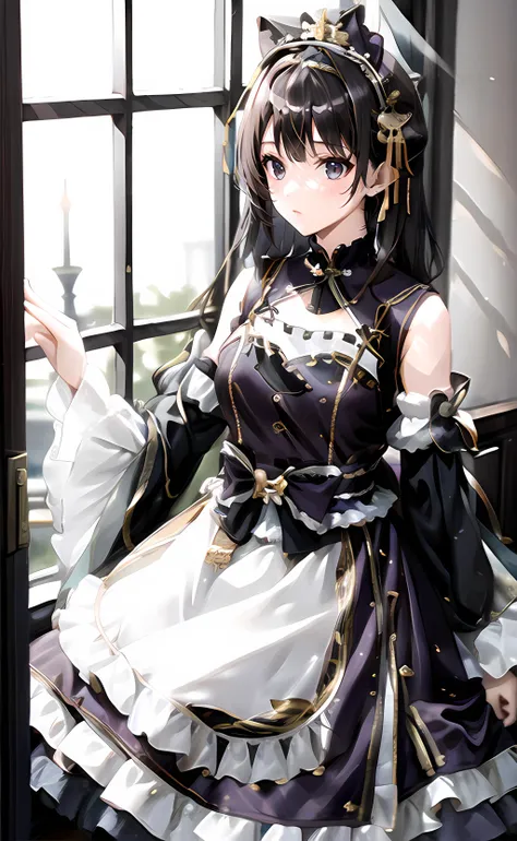 1girl, brown hair, cns dress, detached sleeves, bare shoulders, indoors, home, window <lora:cns_dress_style5_v1:0.6>