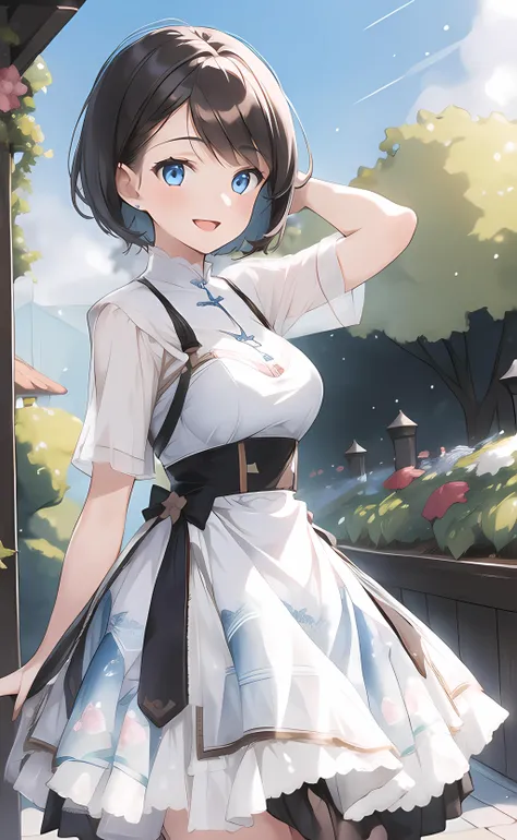 1girl, dynamic pose, short hair, brown hair, blue eyes, cns_dress, (short sleeves:1.3), see-through sleeves, open mouth, smile, outdoors, garden, blue sky, sunlight <lora:cns_dress_style3_v2:0.6>