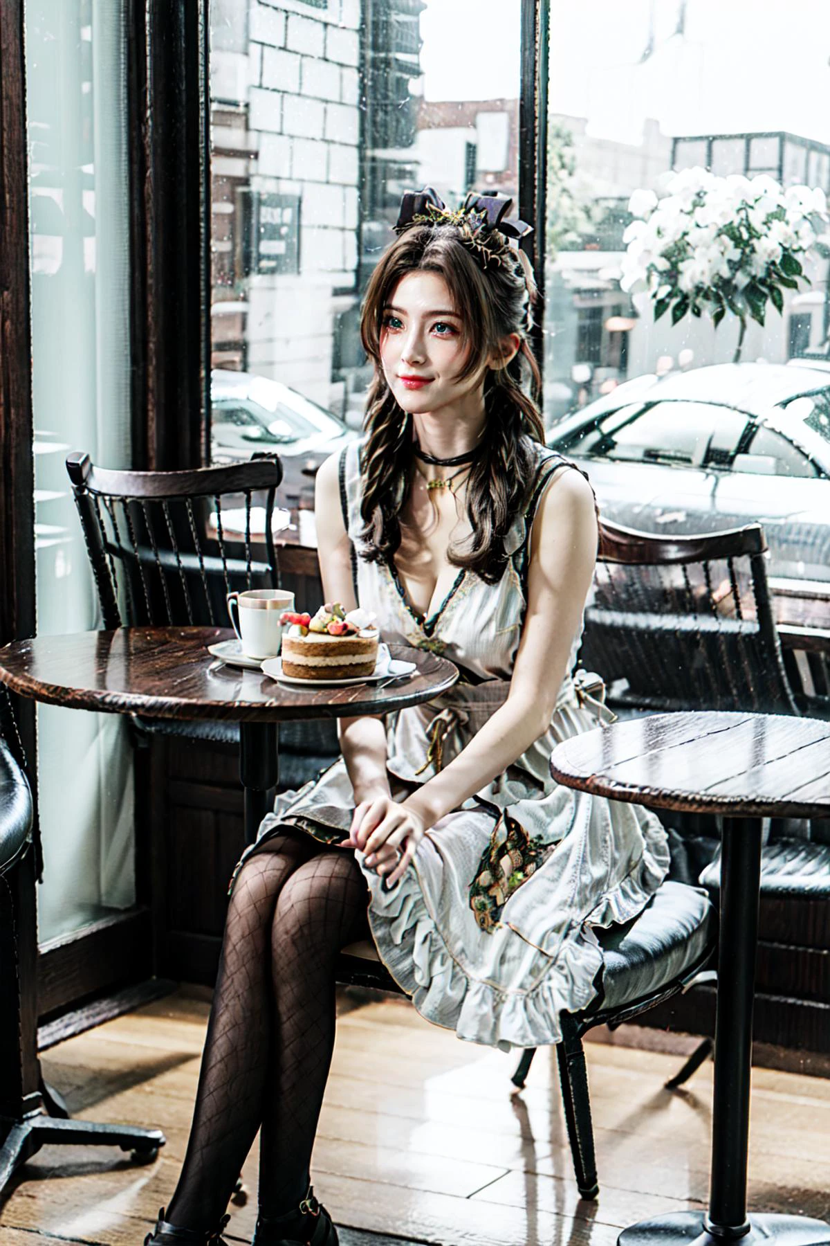 <lora:MIAOKA_Aerith:0.76>, ((aerith gainsborough, choker, hair bow, bracelet, sidelocks, parted bangs, braid)):1.24, (sit, smirk smile),
BREAK 1woman, young woman, adorable, clear face, solo, ((full body)):1.33, ((a woman wear a clear glasses, detailed glasses)):1.22,
BREAK perfect(anatomy, body, face, hands, legs, foot, fingers), ((multicolor brown hairs, very long hairs, green eyes):1.23, cleavage),
BREAK soft light, light on face, cinematic lighting, dynamic(angle, elegant posture), detailed(shadow, lightning),
BREAK <lora:add_detail:0.55>, extremely detailed, CG, finely detail, (masterpiece, best quality):2.0, (intricate details, depth of field), (photorealistic:1.25),
BREAK <lora:uber_saggy2:0.67>, saggy, sagging_breasts, ((huge breasts)),
<lora:cns_dress_style5_v1:0.65>, ((cns dress, frilled dress, hair ornament, black pantyhose)):1.23,
((outdoors, detailed cute cafe, cozy , beautiful scenery, cake, table, chairs, drink, cup of tea, windows)),