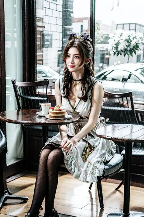 <lora:MIAOKA_Aerith:0.76>, ((aerith gainsborough, choker, hair bow, bracelet, sidelocks, parted bangs, braid)):1.24, (sit, smirk smile),
BREAK 1woman, young woman, adorable, clear face, solo, ((full body)):1.33, ((a woman wear a clear glasses, detailed glasses)):1.22,
BREAK perfect(anatomy, body, face, hands, legs, foot, fingers), ((multicolor brown hairs, very long hairs, green eyes):1.23, cleavage),
BREAK soft light, light on face, cinematic lighting, dynamic(angle, elegant posture), detailed(shadow, lightning),
BREAK <lora:add_detail:0.55>, extremely detailed, CG, finely detail, (masterpiece, best quality):2.0, (intricate details, depth of field), (photorealistic:1.25),
BREAK <lora:uber_saggy2:0.67>, saggy, sagging_breasts, ((huge breasts)),
<lora:cns_dress_style5_v1:0.65>, ((cns dress, frilled dress, hair ornament, black pantyhose)):1.23,
((outdoors, detailed cute cafe, cozy , beautiful scenery, cake, table, chairs, drink, cup of tea, windows)),