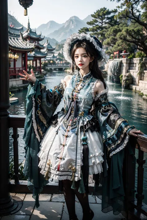 best quality, quality, masterpiece, photorealistic, arms at side, 1girl, solo, full body, cns attire, layered dress, hat, detached sleeves, wide sleeves, jewelry, black pantyhose, detailed background, chinese garden, water, tress, <lora:cns_attire_style7_v1:0.65>