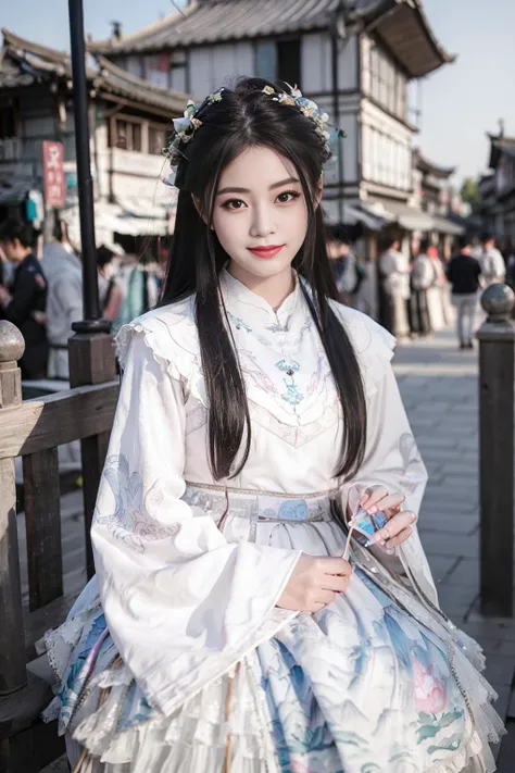 realistic, photorealistic, masterpiece, best quality, 1girl, solo, smile, looking at viewer, long black hair, cowboy shot, cns_dress, pettiskirt, sitting, (china jiangnan water town style:1.1), beautiful sky, netural lighting,  <lora:chinaDollLikeness_v10:0.6>, <lora:cns_dress_style3_v2:0.7>