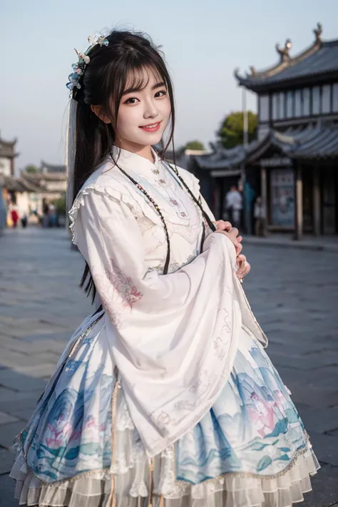 realistic, photorealistic, masterpiece, best quality, 1girl, solo, smile, looking at viewer, long black hair, cowboy shot, cns_dress, pettiskirt, standing, (china jiangnan water town style:1.1), beautiful sky, netural lighting, <lora:chinaDollLikeness_v10:0.6>, <lora:cns_dress_style3_v2:0.7>