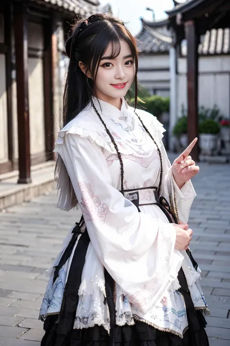 realistic, photorealistic, masterpiece, best quality, 1girl, solo, smile, looking at viewer, long black hair, cowboy shot, cns_dress, pettiskirt, standing, (china jiangnan water town style:1.1), beautiful sky, netural lighting, <lora:chinaDollLikeness_v10:0.6>, <lora:cns_dress_style3_v2:0.7>