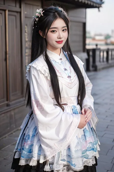 realistic, photorealistic, masterpiece, best quality, 1girl, solo, smile, looking at viewer, long black hair, cowboy shot, cns_dress, pettiskirt, standing, (china jiangnan water town style:1.1), beautiful sky, netural lighting, <lora:chinaDollLikeness_v10:0.6>, <lora:cns_dress_style3_v2:0.7>