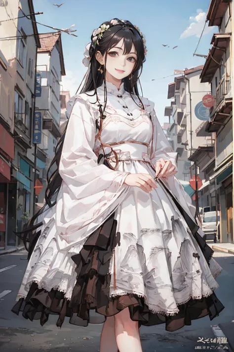 (masterpiece, top quality, best quality, official art, beautiful and aesthetic:1.2), 1girl, solo, smile, looking at viewer, long black hair, cns_dress, standing in street, beautiful sky, netural lighting, <lora:cns_dress_style3_v1:0.7>