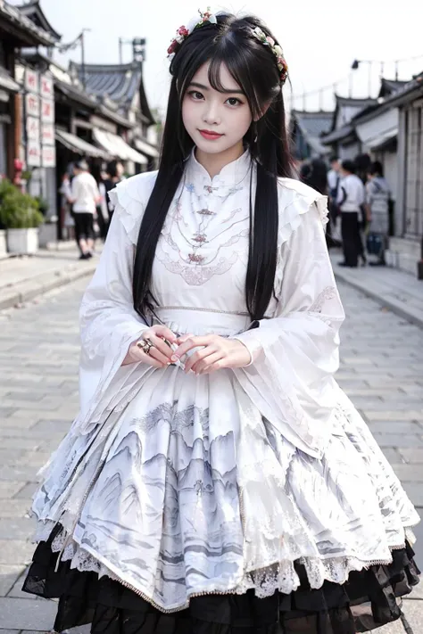 realistic, photorealistic, masterpiece, best quality, 1girl, solo, smile, looking at viewer, long black hair, cowboy shot, cns_dress, pettiskirt, standing, (china jiangnan water town style:1.1), beautiful sky, netural lighting, <lora:chinaDollLikeness_v10:0.6>, <lora:cns_dress_style3_v2:0.7>