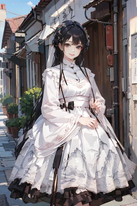(masterpiece, top quality, best quality, official art, beautiful and aesthetic:1.2), 1girl, solo, smile, looking at viewer, long black hair, cns_dress, standing in street, beautiful sky, netural lighting, <lora:cns_dress_style3_v1:0.7>