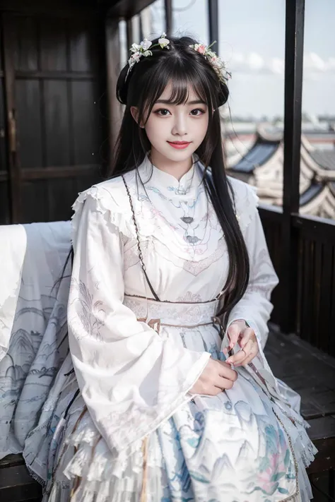 realistic, photorealistic, masterpiece, best quality, 1girl, solo, smile, looking at viewer, long black hair, cowboy shot, cns_dress, pettiskirt, sitting, (china jiangnan water town style:1.1), beautiful sky, netural lighting, <lora:chinaDollLikeness_v10:0.6>, <lora:cns_dress_style3_v2:0.7>